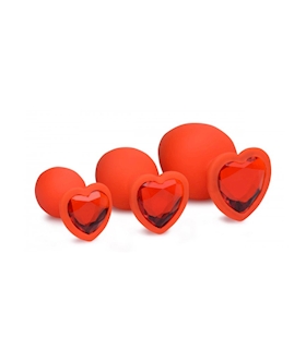 Red Hearts 3 Piece Silicone Anal Plugs Set With Gem Accents