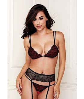 3 Piece Strappy Lace Bra Garter  Crotchless Thong Set