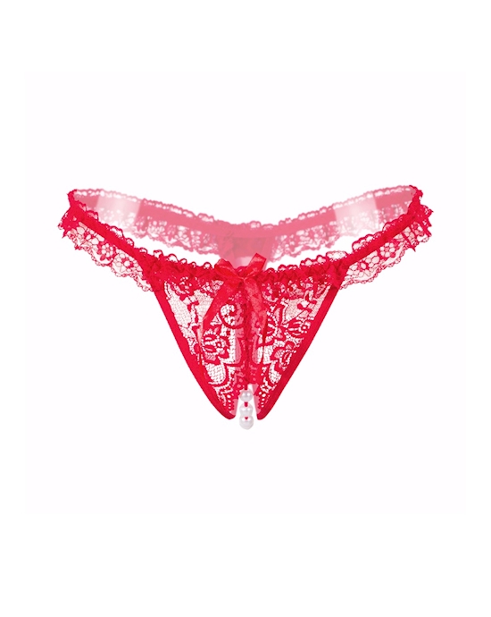 Amore Crotchless Lace Thong With Stimulating Pearls